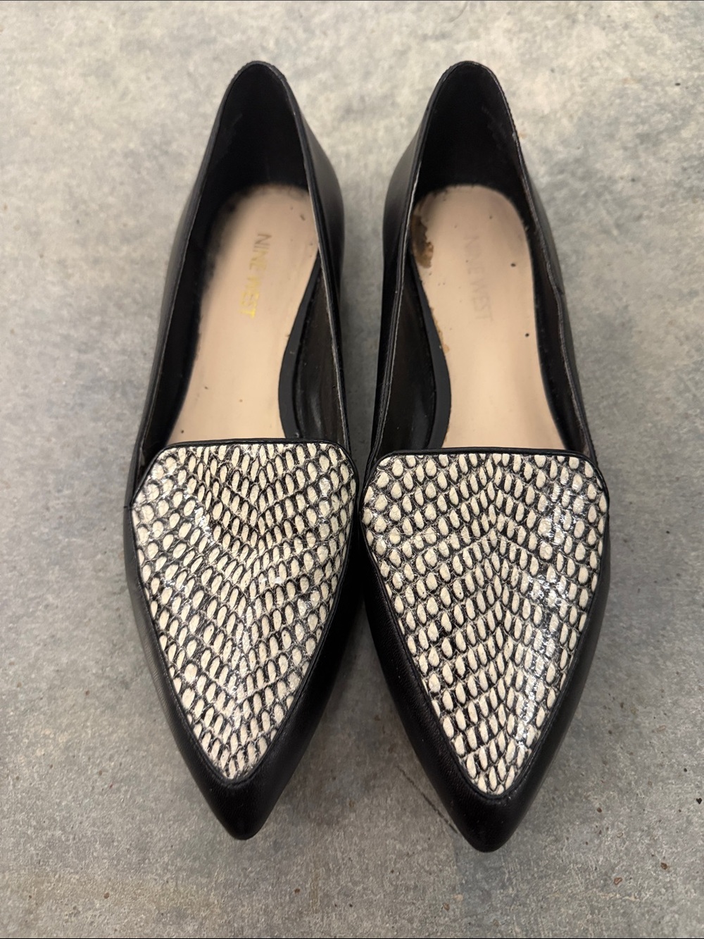 Nine West Black Flats with White Snake-Print Pointed Toe
